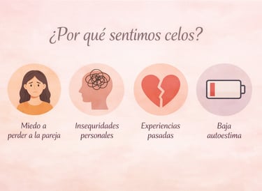 Infografía sobre las causas de los celos: miedo, inseguridad, experiencias pasadas y baja autoestima.
