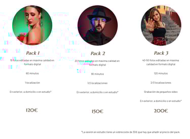 información de packs y precios de sesiones de fotos de modelo individual en granada
