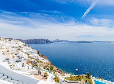 Santorin a view of a view of a sea and a view of the ocean
