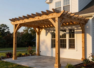 Completed cedar pergola over a backyard patio photographed in golden hour light, showing full structure with cross-beam rafters, attached to a Delaware home with stone patio below