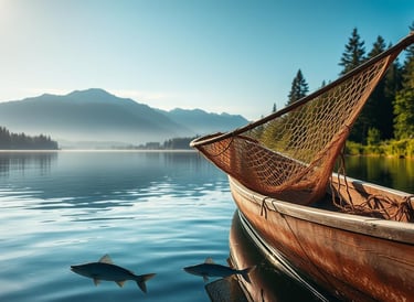 A serene lakeside scene showcasing a handmade fishing net draped over a rustic wooden canoe.