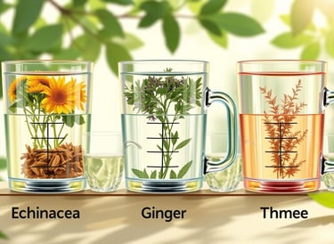 echinacea, ginger, and thyme in different containers, with corresponding measuring cups of water 