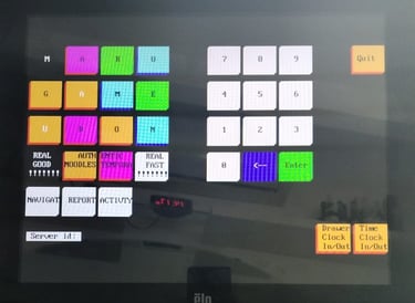 Touchscreen display showing quick-access report buttons for restaurant operations