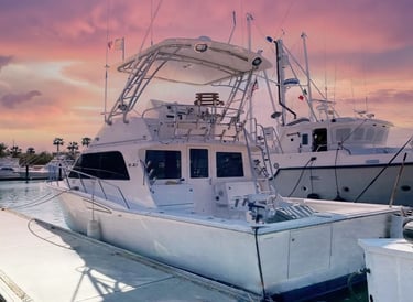 a boat docked at a dock with a pink sky