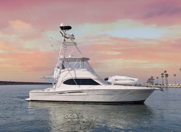 a boat in the water with a pink sky and palm trees