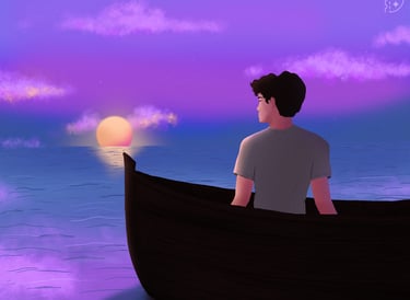 a man sitting in a boat on the water