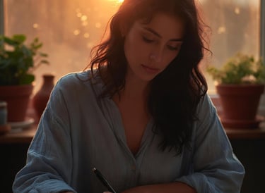 A woman writing in a journal at a wooden desk during a golden hour sunset.