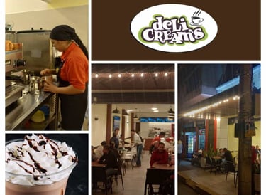 a collage of photos of a cafetería Delicream’s Coffee