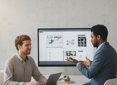 Two people reviewing website designs on a computer screen in an office.