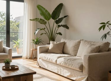 Vista vertical de un salón de estilo escandinavo inundado de luz natural, sofás de lino neutro, plantas de hojas grandes, suelos de madera clara, composición editorial limpia.