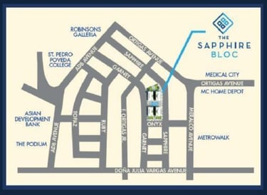 Location map of The Sapphire Bloc in Ortigas Center showing nearby landmarks and major roads.