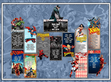 Seating Plan boda temática Marvel /DC