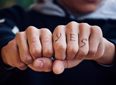 a man with two fingers with the words yes yes yes yes yes yes yes yes