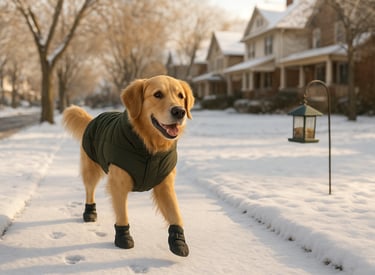 Dog wearing winter jacket and booties walking safely on a snowy Burlington sidewalk