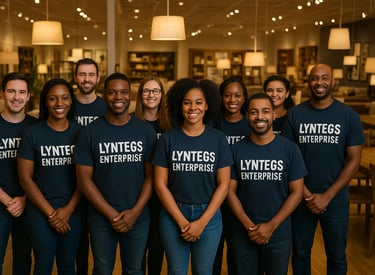 a group of people standing in front of a couch