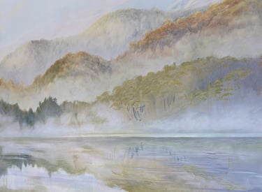 Hand-painted mural of a misty lake with trees and mountains reflected in calm water. Soft atmospheric landscape