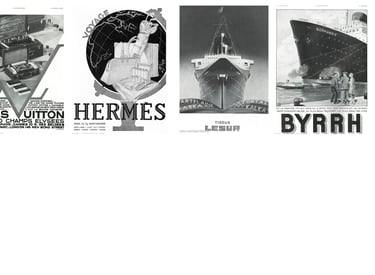 Iconic luxury brand advertising from 1920s and 1930s reproduced from L'Illustration magazine.