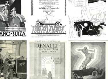 Iconic automotive advertising in monochrome from 1920s and 1930s