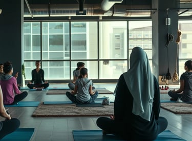 a yoga studio with lots of natural lighting with a group is practicing a sitting yoga pose