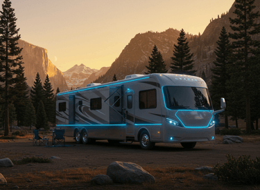 Futuristic RV with Essential RV Tech for 2025 featuring TPMS, surge protectors, GPS, and RV internet
