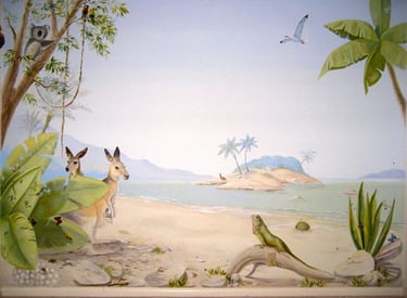 Australian kid's beach scene mural with palm trees, kangaroos, a koala and iguana.