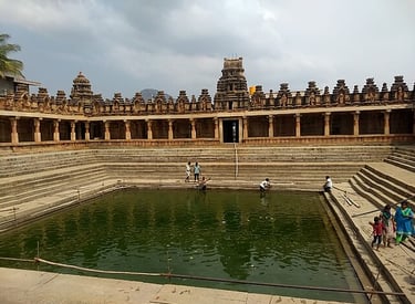 Holy Pushkarni (temple water tank) at Bhoga Nandeeshwara Temple near Nandi Hills, surrounded by stone steps