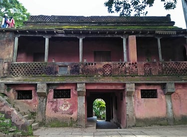 Tipu Sultan’s Summer Residence at Nandi Hills, showcasing Indo-Islamic architecture with wooden arches and painted ceilings