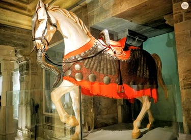 Statue of Chetak, Maharana Pratap’s loyal horse, displayed in the armoury at Udaipur City Palace.