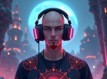 An anime-style picture of a man with a red goatee and headphones