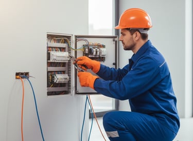 a man in a blue workwear suit and orange helmet, holding a multi -