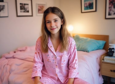 A cozy bedroom scene with a young woman wearing stylish pajamas, smiling while holding a delivery box.