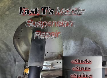 Our Mechanics arm lifting a strut into place with text that says-Fast T's Suspension Repair