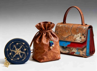 Silk Road Odyssey GWP collection, featuring an embroidered compass pouch and a cracked-leather bag