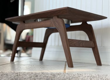 Custom, dark walnut, mid-century modern pet feeding station