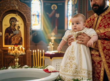  Ένα μωρό με μια λευκή φορεσιά στην τελετή της βάπτισής του.