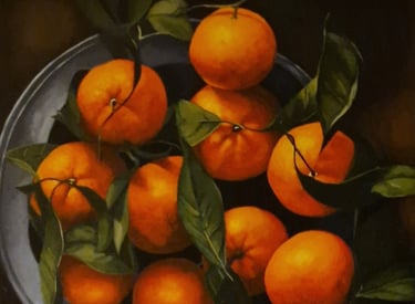 a painting of a bowl of oranges on a table