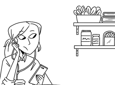 a woman sitting at a table with a cup of coffee. Checking her phone. Diane Mulolo Faida