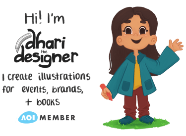 a cartoon character waving with a pencil, dhari the designer logo and AOI member badge