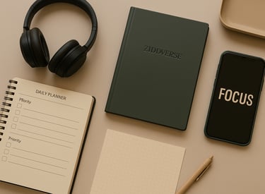 a notebook with a notepad and headphones on it