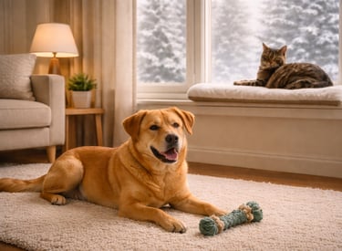 Dog and cat relaxing indoors during winter in Burlington.