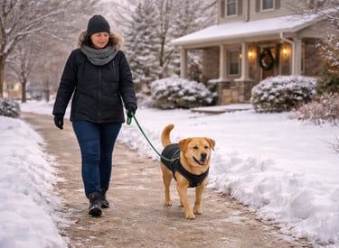 Dog being walked in winter by a professional pet sitter in Burlington