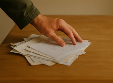 Papers pushed aside on a table, leaving an empty space symbolising clearing room for something new.