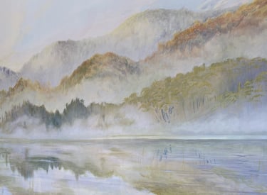 Hand-painted mural of a misty lake with trees and mountains reflected in calm water. Soft atmospheric landscape