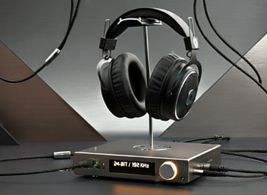 um par de fones de ouvido e um sistema estéreo