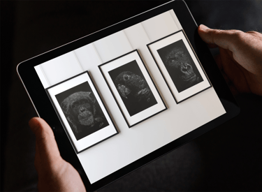 Tablette , avec des art print sous cadres de mes oeuvres monochromes