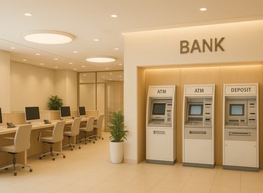 Interno  di filiale bancaria con sportelli ATM e postazioni operative, realizzata da BRB Engineering