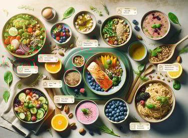 A colorful display of various healthy dishes recommended by an AI nutrition app