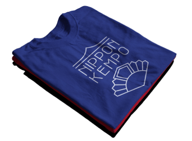 a blue t - shirt with a white logo