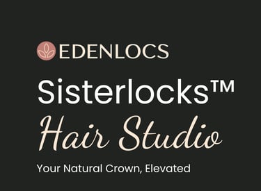 Edenlocs promotional banner showcasing Sisterlocks™ services, contact info, client photos, and a salon interior.