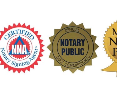 Certified NNA Notary Signing Agent, Official Notary Public, and Mobile Notary Public seal logos.